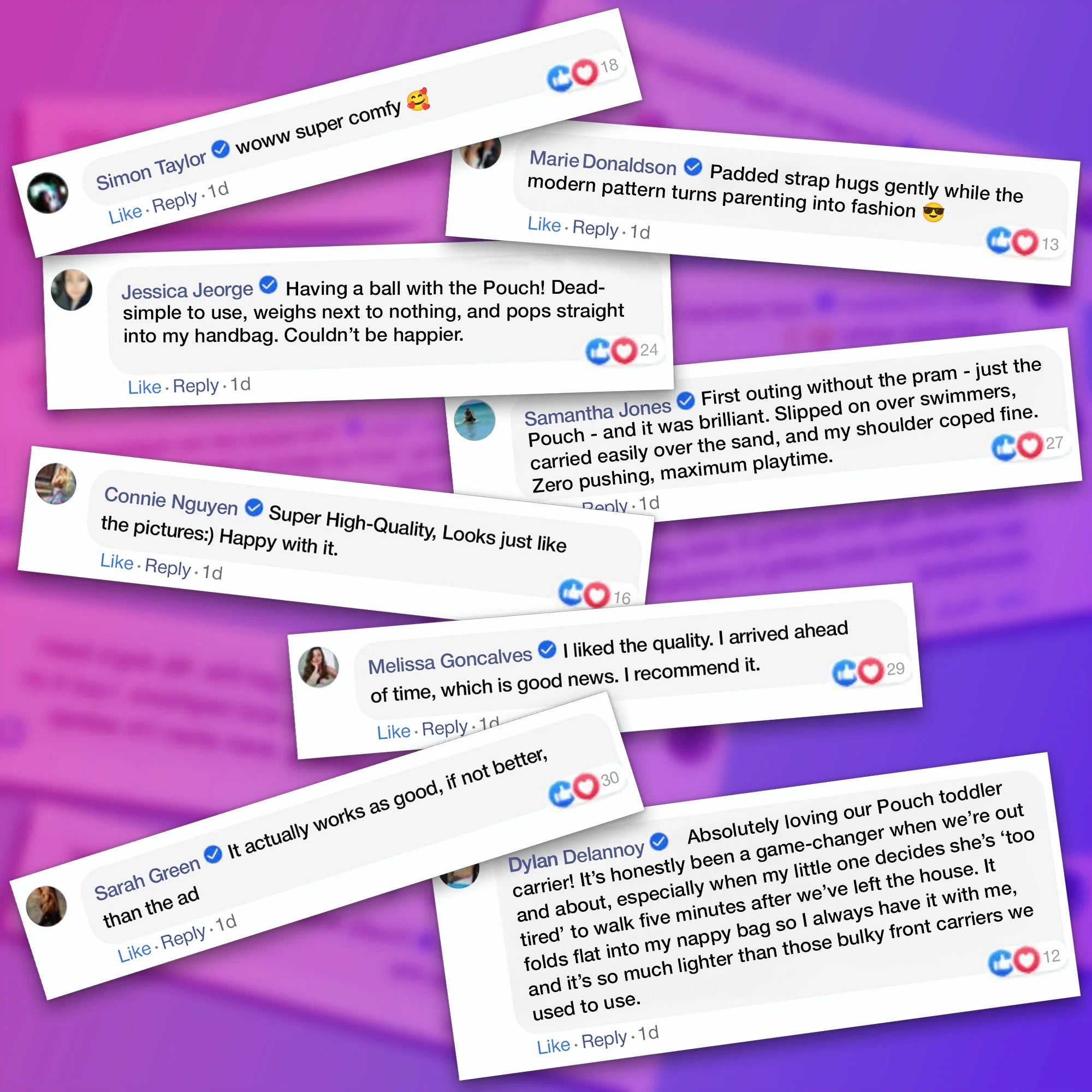 Reviews of a product with user comments on a purple background