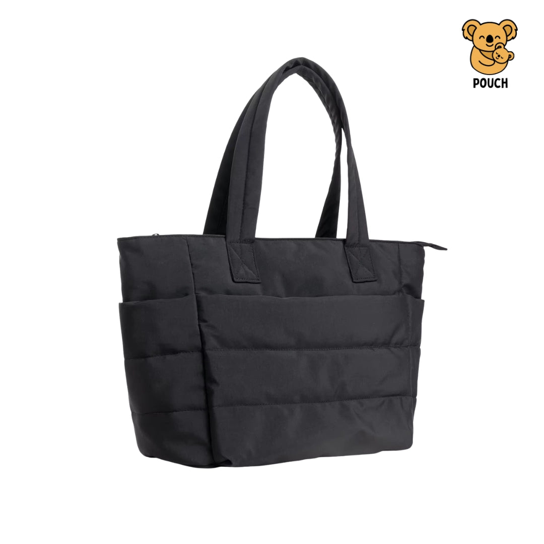 Black tote bag with a koala logo and 'Pouch' text on a white background