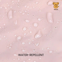 Water droplets on a water-repellent surface with 'Pouch' brand logo.