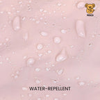 Water droplets on a water-repellent surface with 'Pouch' brand logo.