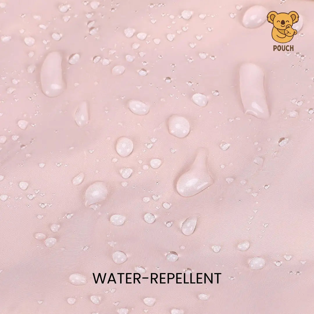 Water droplets on a water-repellent surface with 'Pouch' brand logo.