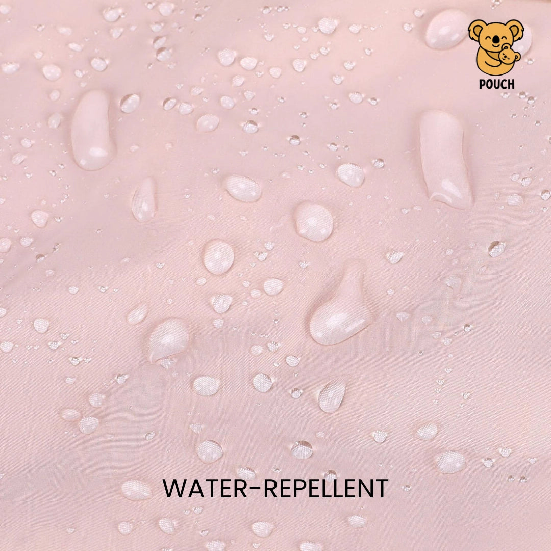 Water droplets on a water-repellent surface with 'Pouch' brand logo.