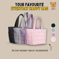 Four nappy bags in black, gray, purple, and pink on a beige background with text about a money-back guarantee.