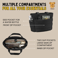 Black pouch with multiple compartments and features labeled on a beige background