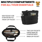 Black pouch with multiple compartments and features labeled on a beige background