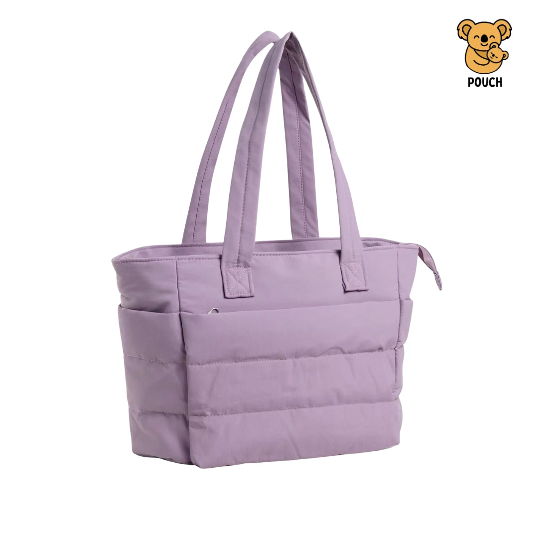 Purple tote bag on a beige background with a brand logo in the corner.