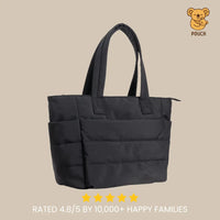 Black tote bag on a beige background with a brand logo and rating text.