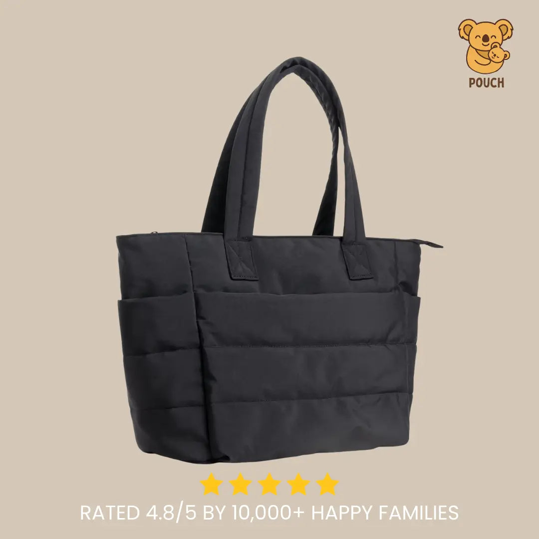 Black tote bag on a beige background with a brand logo and rating text.