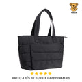 Black tote bag on a beige background with a brand logo and rating text.