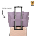 Purple travel pouch on a suitcase with 'Travel Friendly' text and a brand logo.