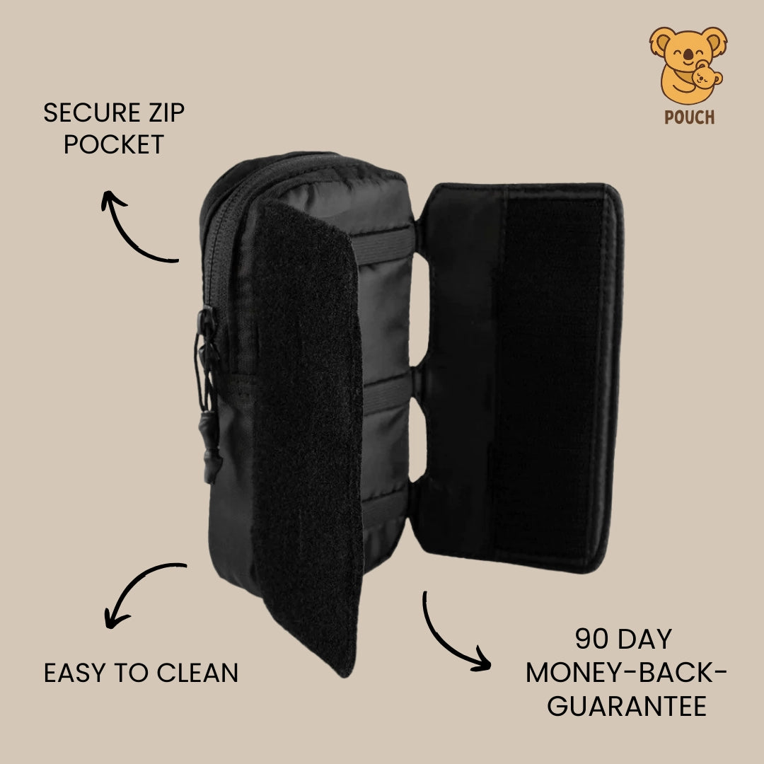 Black pouch with open design showing a secure zip pocket on a beige background