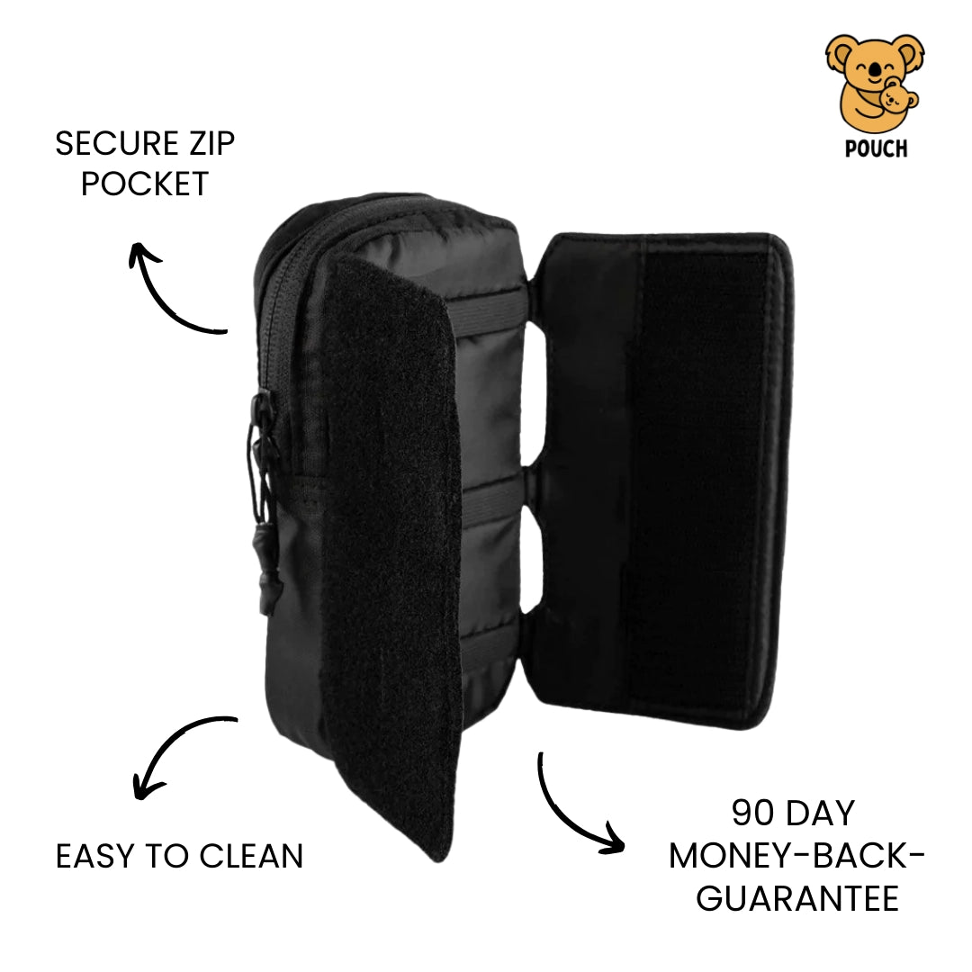 Black pouch with open design showing a secure zip pocket on a beige background